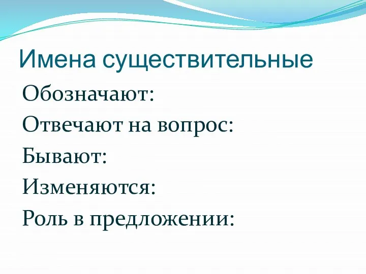 Имена существительные Обозначают: Отвечают на вопрос: Бывают: Изменяются: Роль в предложении: