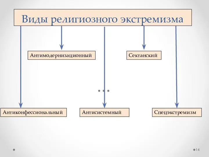 Виды религиозного экстремизма Антисистемный Антимодернизационный Антиконфессиональный Сектанский Спецэкстремизм