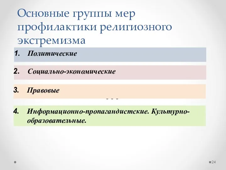 Основные группы мер профилактики религиозного экстремизма Политические Социально-экономические Правовые Информационно-пропагандистские. Культурно-образовательные.