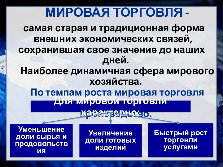 МИРОВАЯ ТОРГОВЛЯ - самая старая и традиционная форма внешних экономических связей,