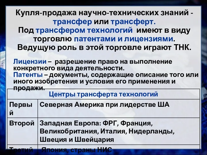 Купля-продажа научно-технических знаний - трансфер или трансферт. Под трансфером технологий имеют