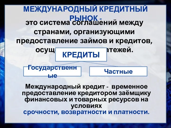 МЕЖДУНАРОДНЫЙ КРЕДИТНЫЙ РЫНОК - это система соглашений между странами, организующими предоставление