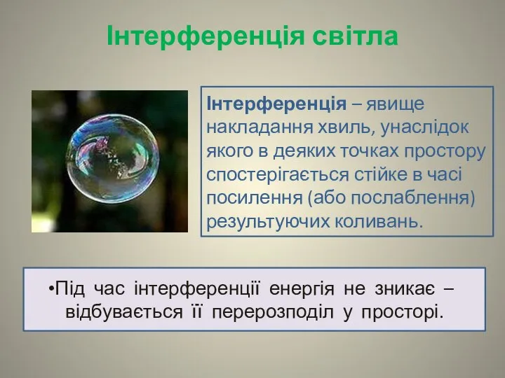 Інтерференція світла Інтерференція – явище накладання хвиль, унаслідок якого в деяких