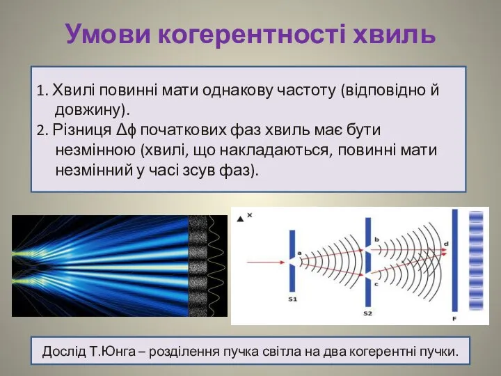 Умови когерентності хвиль 1. Хвилі повинні мати однакову частоту (відповідно й