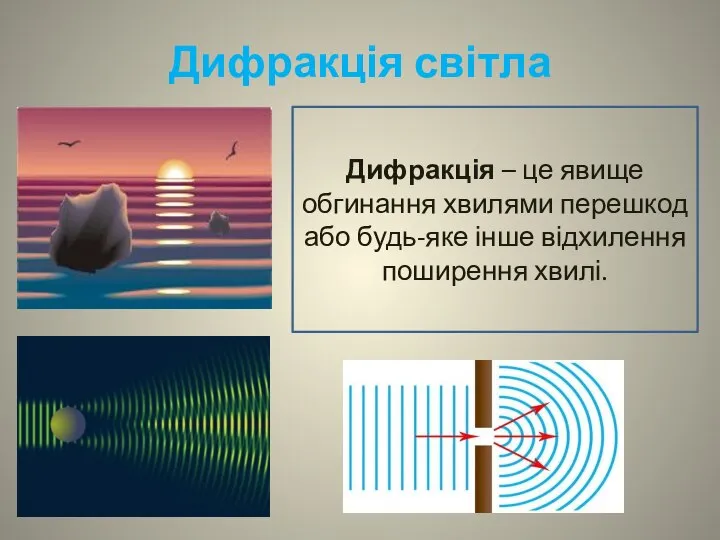 Дифракція світла Дифракція – це явище обгинання хвилями перешкод або будь-яке інше відхилення поширення хвилі.