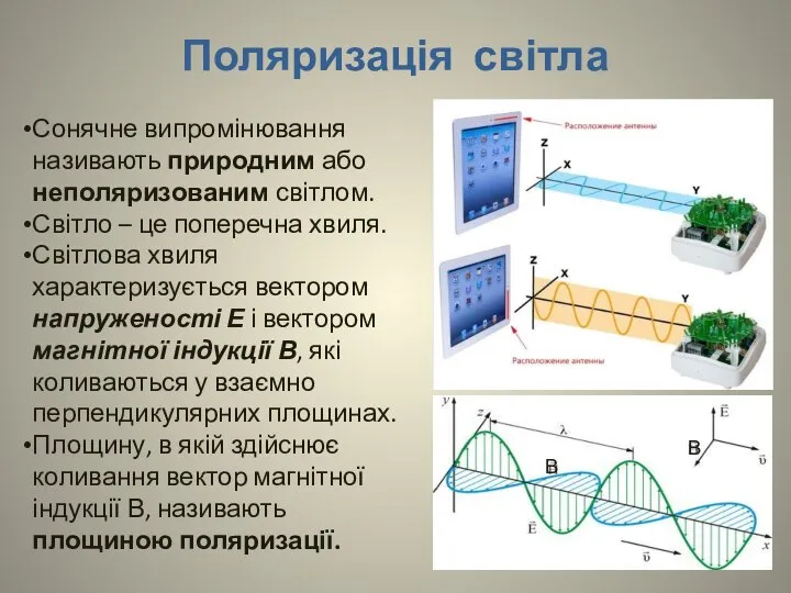 Поляризація світла Сонячне випромінювання називають природним або неполяризованим світлом. Світло –