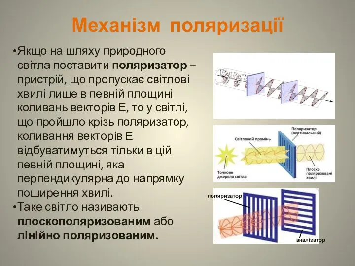 Механізм поляризації аналізатор поляризатор Якщо на шляху природного світла поставити поляризатор