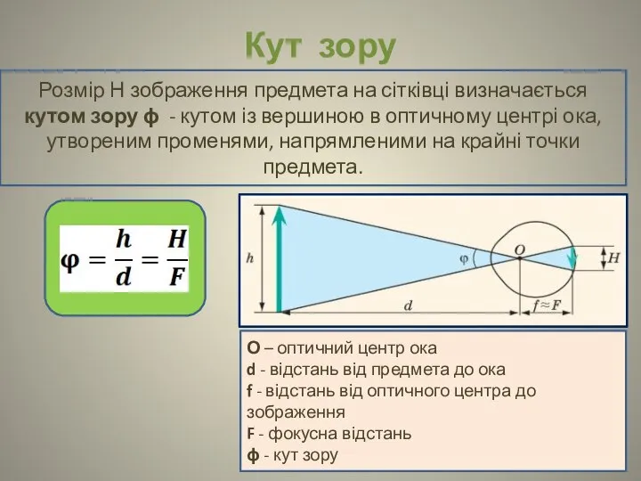 Кут зору Розмір Н зображення предмета на сітківці визначається кутом зору