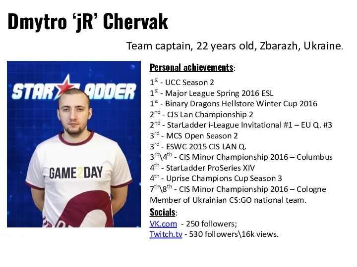 Dmytro ‘jR’ Chervak Team captain, 22 years old, Zbarazh, Ukraine. Socials: