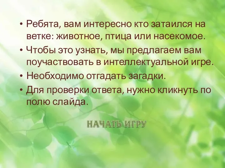 Ребята, вам интересно кто затаился на ветке: животное, птица или насекомое.