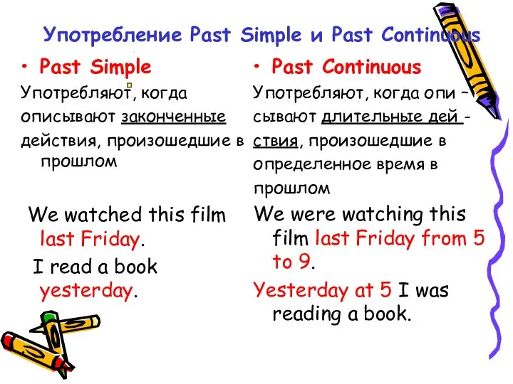 Употребление Past Simple и Past Continuous Past Simple Употребляют, когда описывают