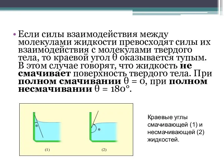 Если силы взаимодействия между молекулами жидкости превосходят силы их взаимодействия с