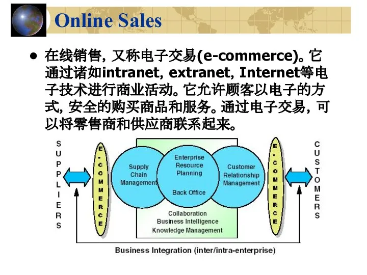 Online Sales 在线销售，又称电子交易(e-commerce)。它通过诸如intranet，extranet，Internet等电子技术进行商业活动。它允许顾客以电子的方式，安全的购买商品和服务。通过电子交易，可以将零售商和供应商联系起来。
