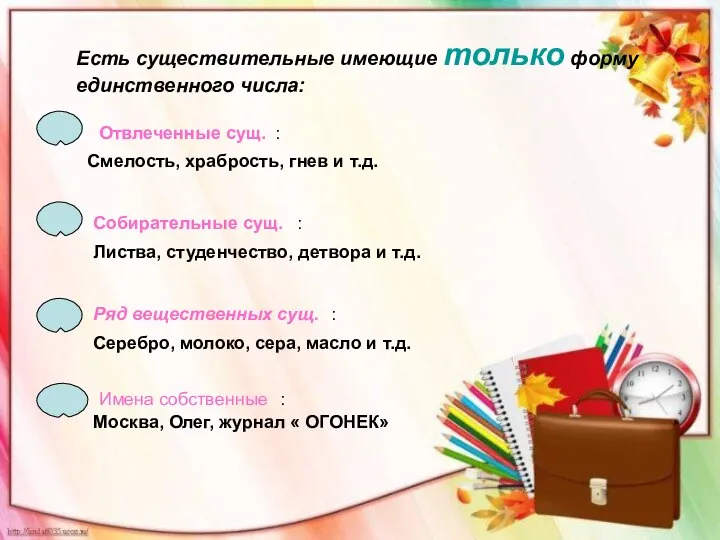 Есть существительные имеющие только форму единственного числа: Есть существительные имеющие только