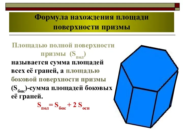 Формула нахождения площади поверхности призмы Площадью полной поверхности призмы (Sпол) называется