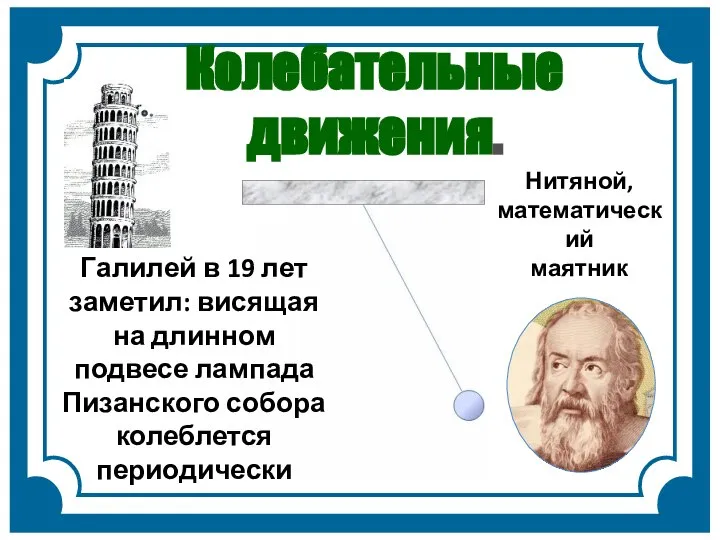 Колебательные движения. Галилей в 19 лет заметил: висящая на длинном подвесе