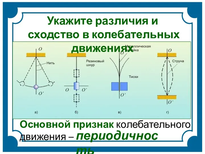 Укажите различия и сходство в колебательных движениях Основной признак колебательного движения – периодичность