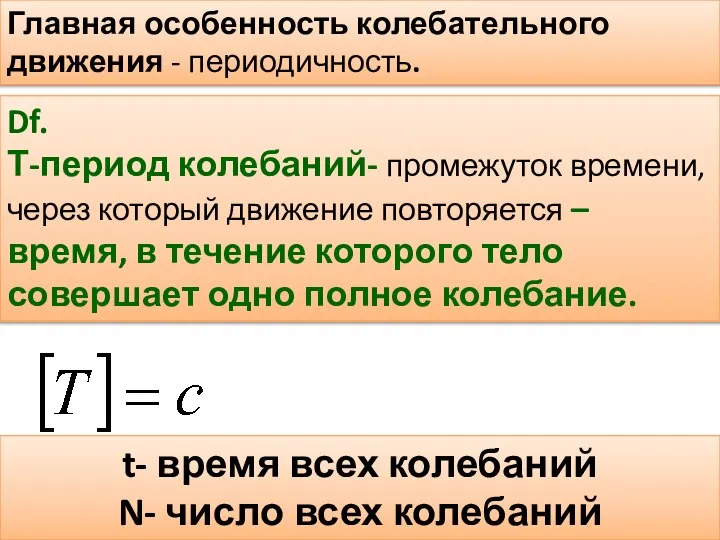 Главная особенность колебательного движения - периодичность. Df. Т-период колебаний- промежуток времени,