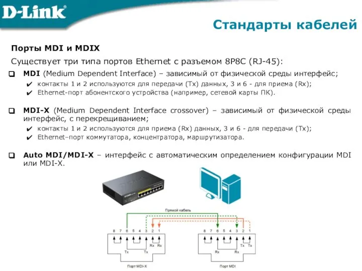 Порты MDI и MDIX Существует три типа портов Ethernet с разъемом
