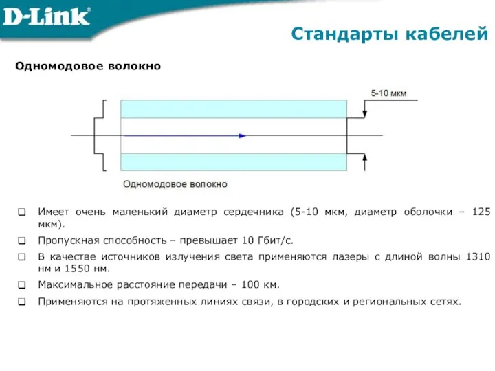 Одномодовое волокно Стандарты кабелей Имеет очень маленький диаметр сердечника (5-10 мкм,