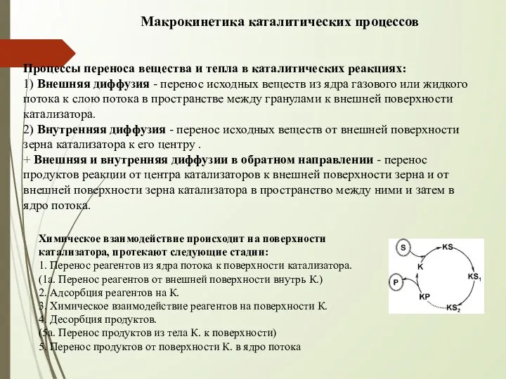 Макрокинетика каталитических процессов Химическое взаимодействие происходит на поверхности катализатора, протекают следующие