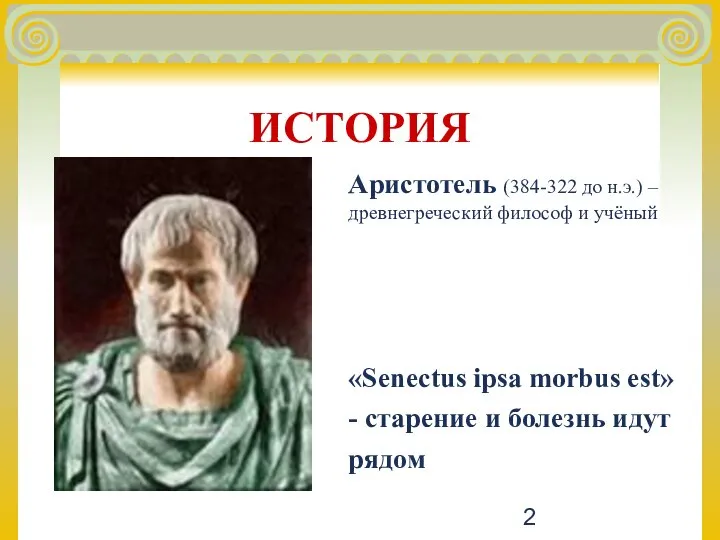 ИСТОРИЯ Аристотель (384-322 до н.э.) – древнегреческий философ и учёный «Senectus