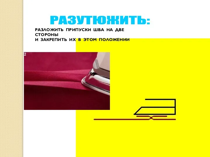 РАЗУТЮЖИТЬ: РАЗЛОЖИТЬ ПРИПУСКИ ШВА НА ДВЕ СТОРОНЫ И ЗАКРЕПИТЬ ИХ В ЭТОМ ПОЛОЖЕНИИ