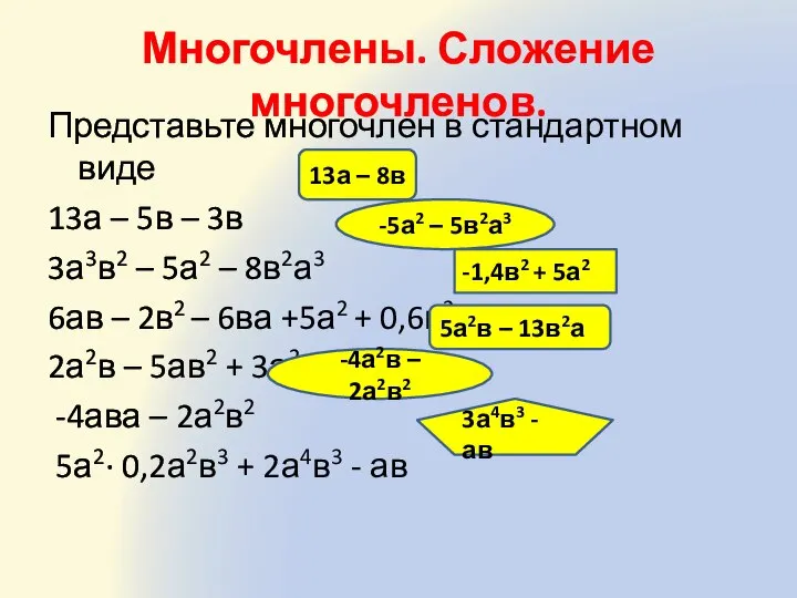 Многочлены. Сложение многочленов. Представьте многочлен в стандартном виде 13а – 5в