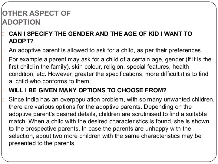 OTHER ASPECT OF ADOPTION CAN I SPECIFY THE GENDER AND THE