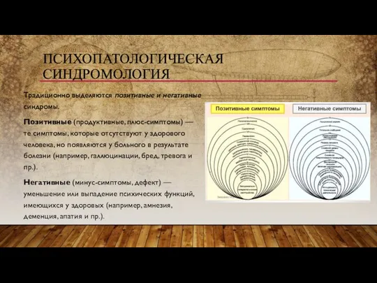 ПСИХОПАТОЛОГИЧЕСКАЯ СИНДРОМОЛОГИЯ Традиционно выделяются позитивные и негативные синдромы. Позитивные (продуктивные, плюс-симптомы)