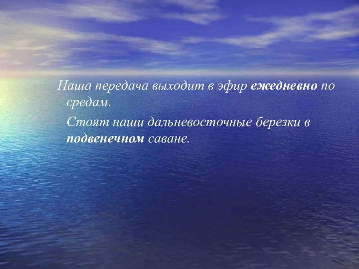 Наша передача выходит в эфир ежедневно по средам. Стоят наши дальневосточные березки в подвенечном саване.