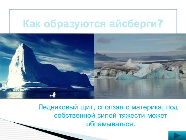 Как образуются айсберги? Ледниковый щит, сползая с материка, под собственной силой тяжести может обламываться.