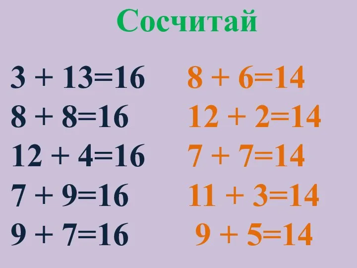 Сосчитай 3 + 13=16 8 + 6=14 8 + 8=16 12