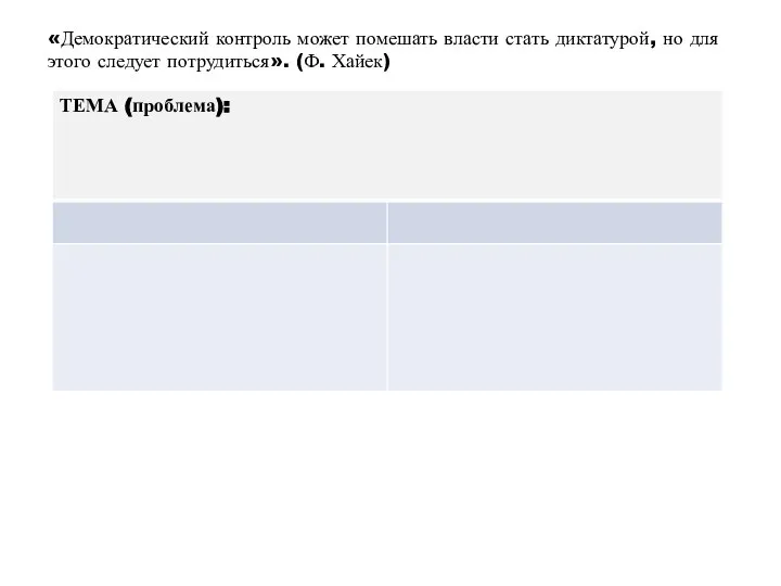 «Демократический контроль может помешать власти стать диктатурой, но для этого следует потрудиться». (Ф. Хайек)