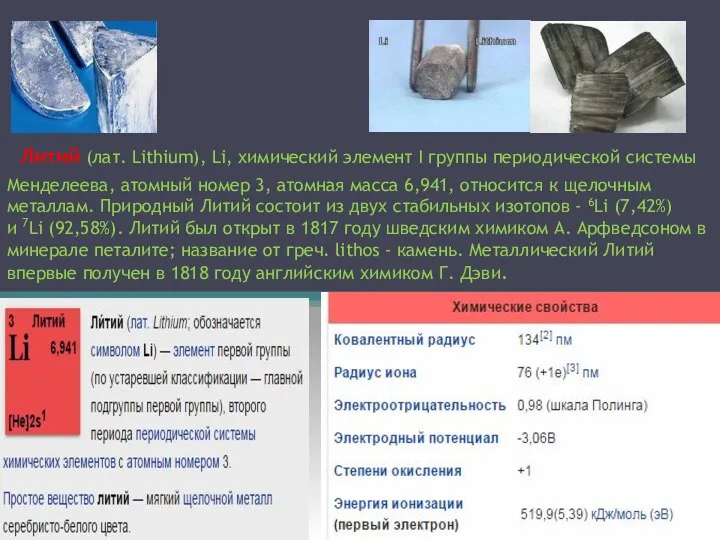 Литий (лат. Lithium), Li, химический элемент I группы периодической системы Менделеева,