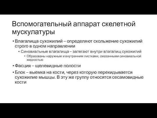 Вспомогательный аппарат скелетной мускулатуры Влагалища сухожилий – определяют скольжение сухожилий строго