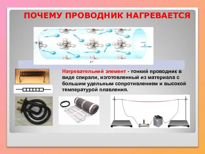 ПОЧЕМУ ПРОВОДНИК НАГРЕВАЕТСЯ Нагревательний элемент - тонкий проводник в виде спирали,