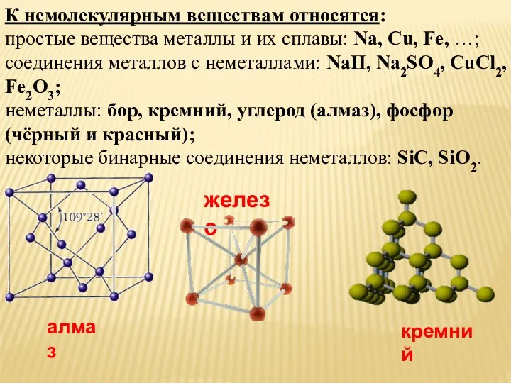К немолекулярным веществам относятся: простые вещества металлы и их сплавы: Na,