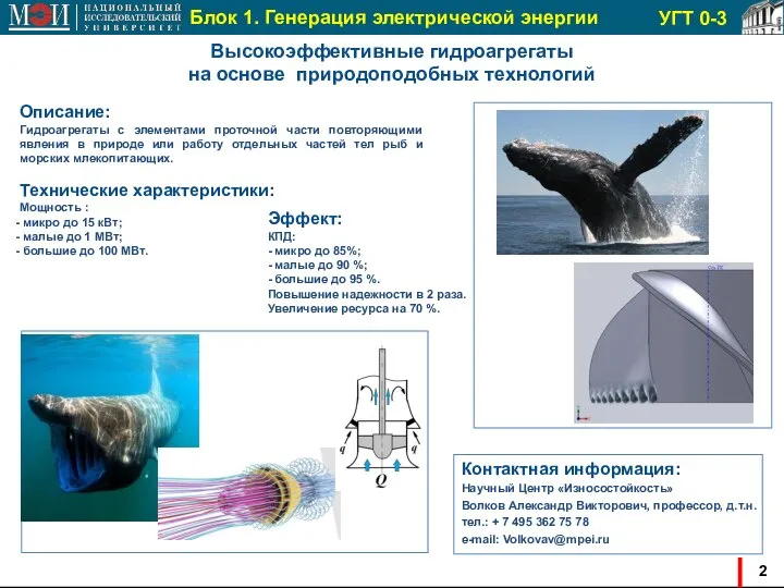 ОБРАЗЕЦ Блок 1. Генерация электрической энергии Высокоэффективные гидроагрегаты на основе природоподобных