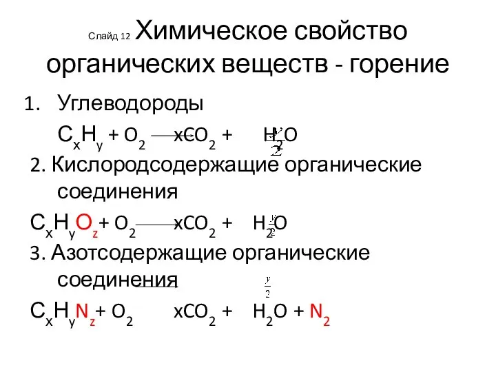 Слайд 12 Химическое свойство органических веществ - горение Углеводороды СхНy +