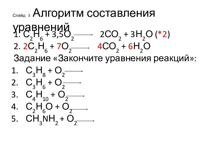 Слайд 3 Алгоритм составления уравнений 1. С2Н6 + 3,5О2 2СО2 +