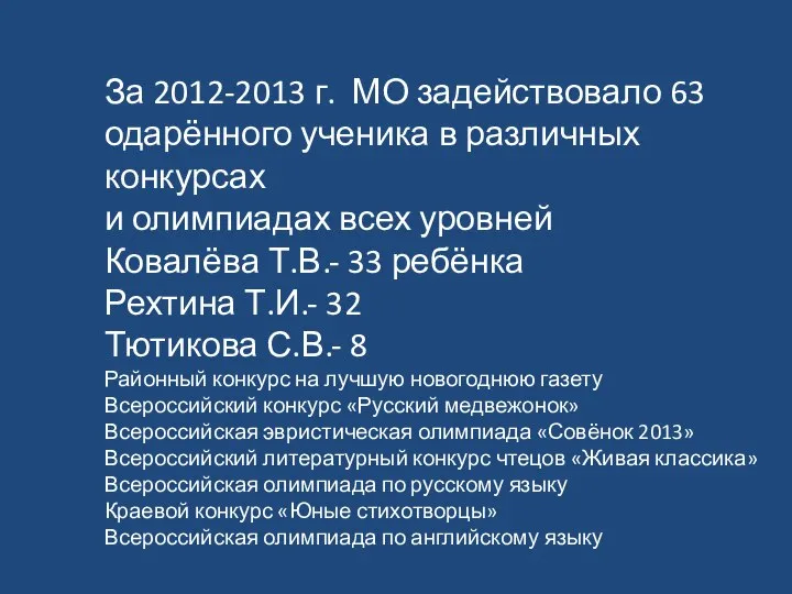 За 2012-2013 г. МО задействовало 63 одарённого ученика в различных конкурсах