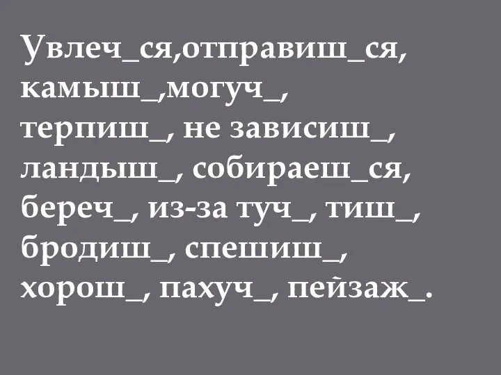 Увлеч_ся,отправиш_ся, камыш_,могуч_, терпиш_, не зависиш_, ландыш_, собираеш_ся, береч_, из-за туч_, тиш_, бродиш_, спешиш_, хорош_, пахуч_, пейзаж_.