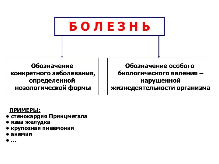 ПРИМЕРЫ: стенокардия Принцметала язва желудка крупозная пневмония анемия … Б О Л Е З Н Ь