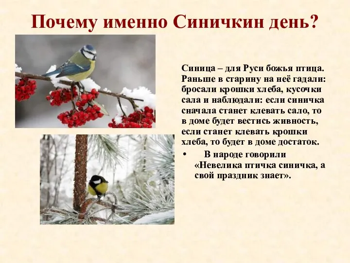 Почему именно Синичкин день? Синица – для Руси божья птица. Раньше