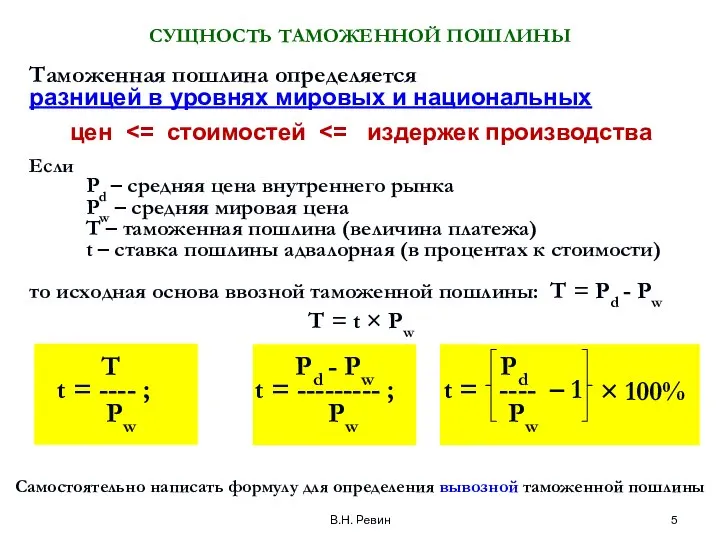 В.Н. Ревин СУЩНОСТЬ ТАМОЖЕННОЙ ПОШЛИНЫ Самостоятельно написать формулу для определения вывозной