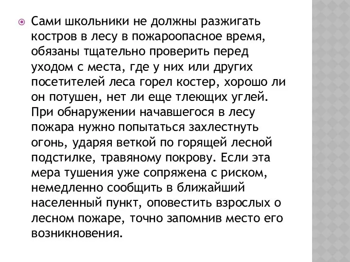 Сами школьники не должны разжигать костров в лесу в пожароопасное время,