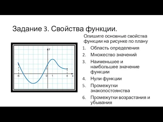 Задание 3. Свойства функции. Опишите основные свойства функции на рисунке по