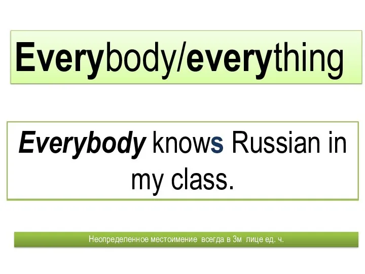 Everybody/everything Все знают русский язык в моем классе. Неопределенное местоимение всегда