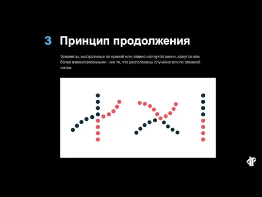 Принцип продолжения Элементы, выстроенные по прямой или плавно изогнутой линии, кажутся